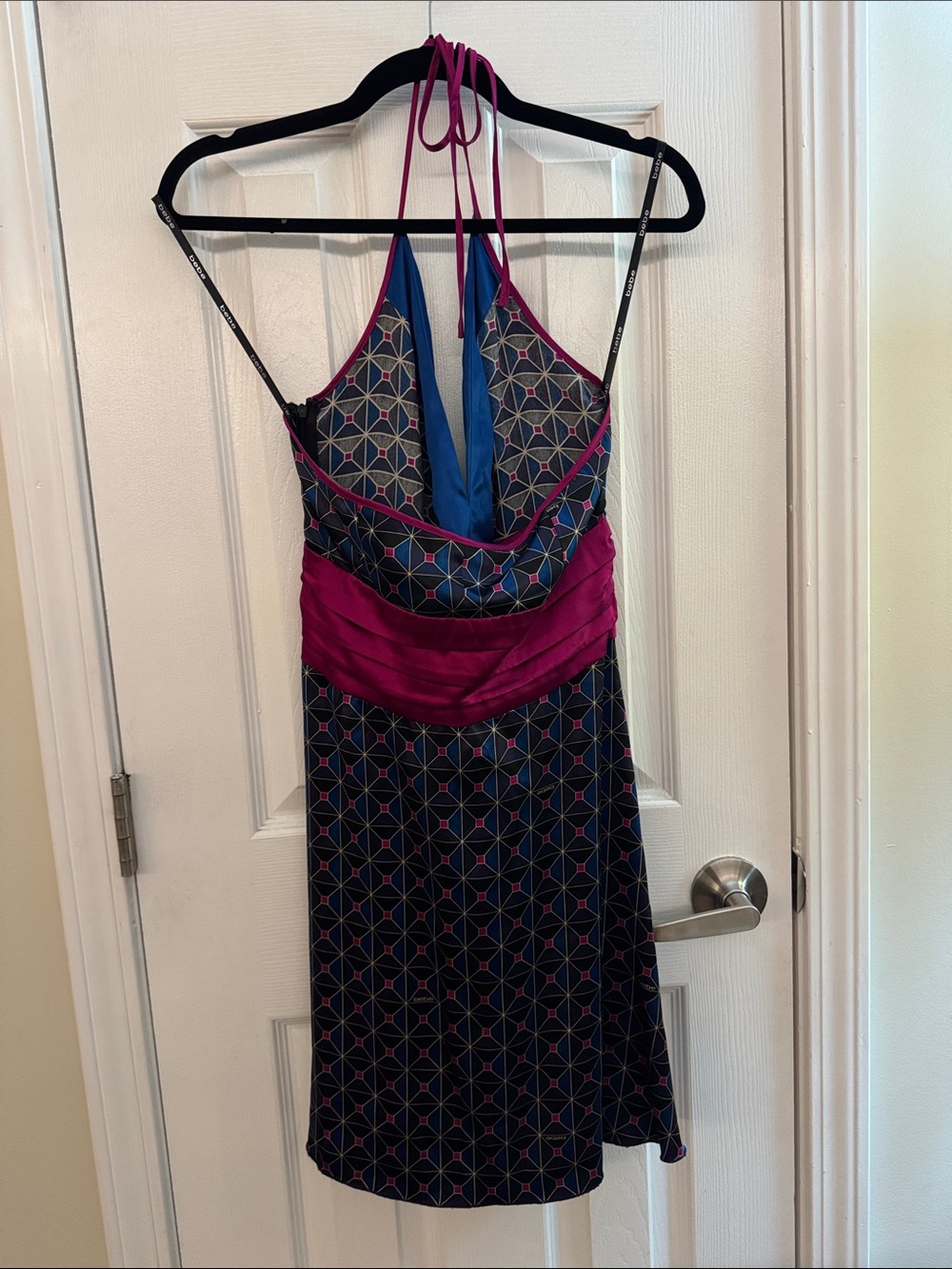 BEBE Y2k Silk Blend Satin Halter Dress Geometric Print Size Medium - Picture 5 of 7